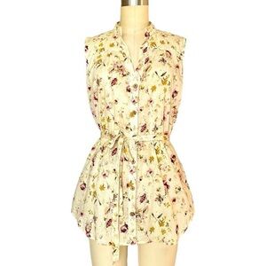 NWT Long Cotton sleeveless button up top belted medium ivory floral